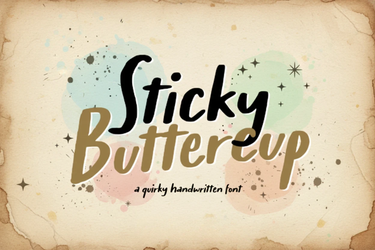 Best 7 Script Fonts & Handwritten Script Collection 5 Sticky Buttercup font displayed on a textured background with colorful splashes.