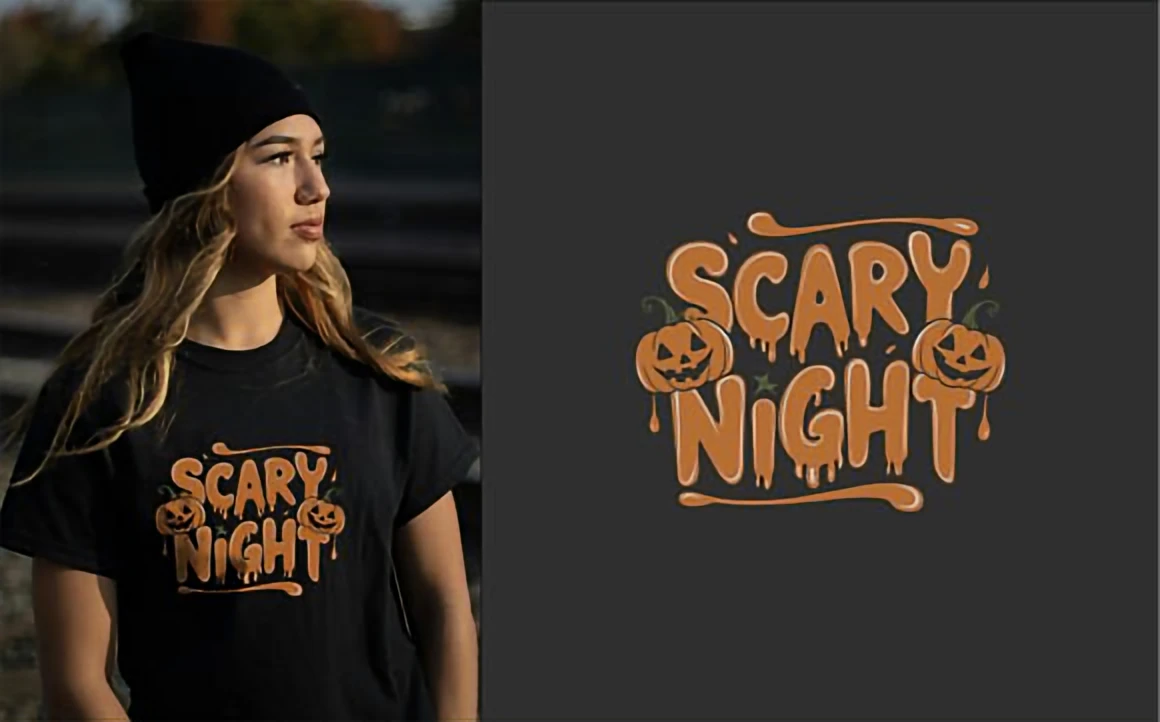 8 Creative Display Fonts for T-Shirts — Bold Retro Ideas 9 Model wearing a black t-shirt featuring the text 'SCARY NIGHT' with pumpkin graphics.