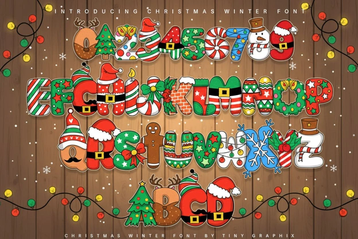 Christmas Winter Font — a colorful festive alphabet and numbers decorated with Santa hats, candy canes, gingerbread, snowflakes, ornaments, and holiday elements. A cute Christmas decorative font perfect for kids’ designs, greeting cards, posters, and winter projects.