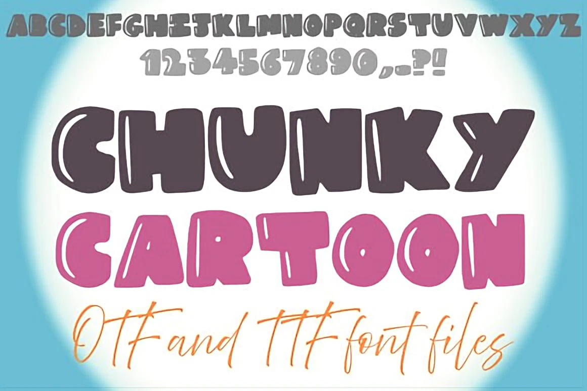 8 Creative Display Fonts for T-Shirts — Bold Retro Ideas 3 Chunky Cartoon display font showcasing bold letters and numbers in playful colors.