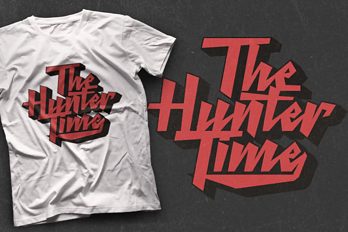 8 Creative Display Fonts for T-Shirts — Bold Retro Ideas 2 T-shirt design featuring bold retro typography that reads 'The Hunter Time' in red and black.