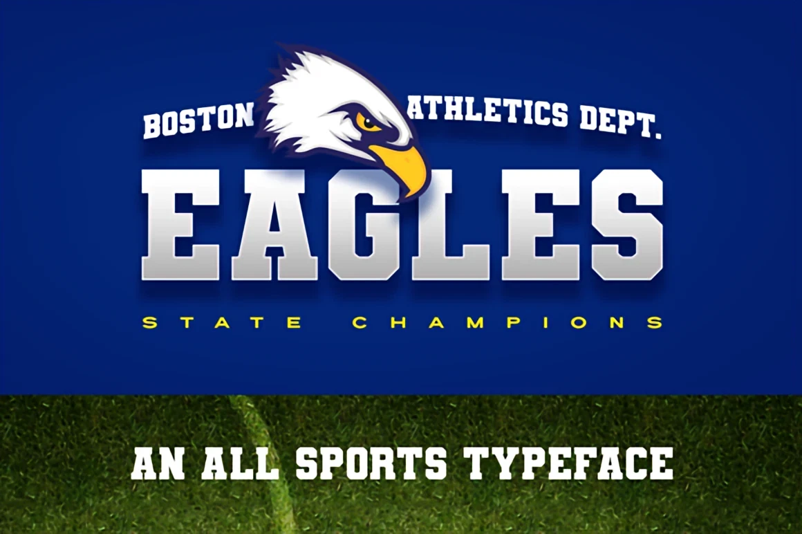 8 Creative Display Fonts for T-Shirts — Bold Retro Ideas 4 Bold display font featuring the word 'EAGLES' with an eagle graphic, suitable for sports apparel.