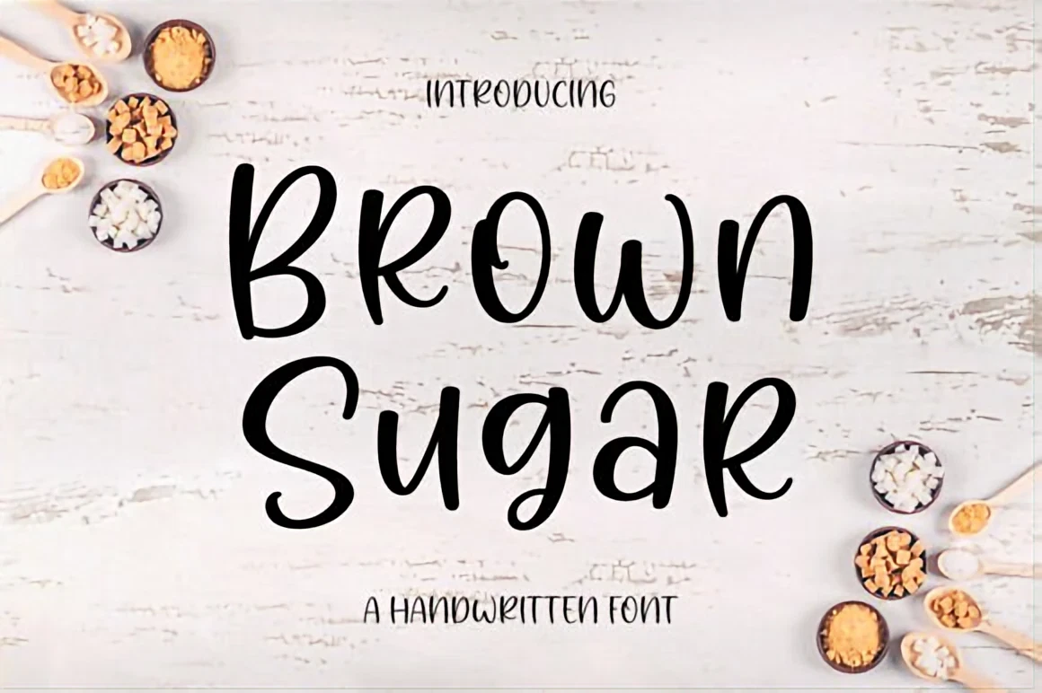 Best 7 Script Fonts & Handwritten Script Collection 7 Brown Sugar handwritten font displayed on a textured background with decorative elements.