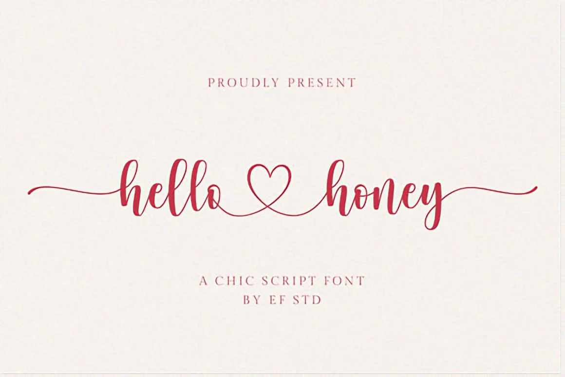 Best 7 Script Fonts & Handwritten Script Collection 8 Hello Honey chic script font design with decorative heart element.