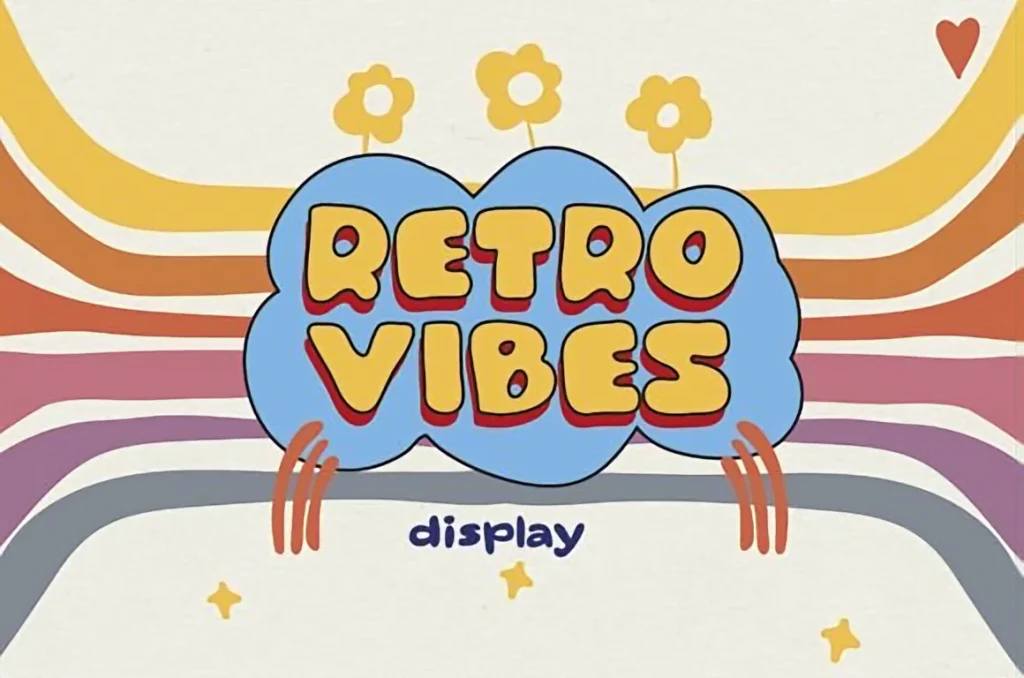 Retro Display Fonts: 10 Stunning Vintage Fonts for Branding in 2026 11 Retro Vibes playful retro display font shown inside a blue bubble shape with colorful 70s lines and stars.
