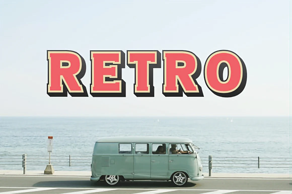 8 Creative Display Fonts for T-Shirts — Bold Retro Ideas 7 Bold retro typography spelling 'RETRO' with a vintage van by the seaside.