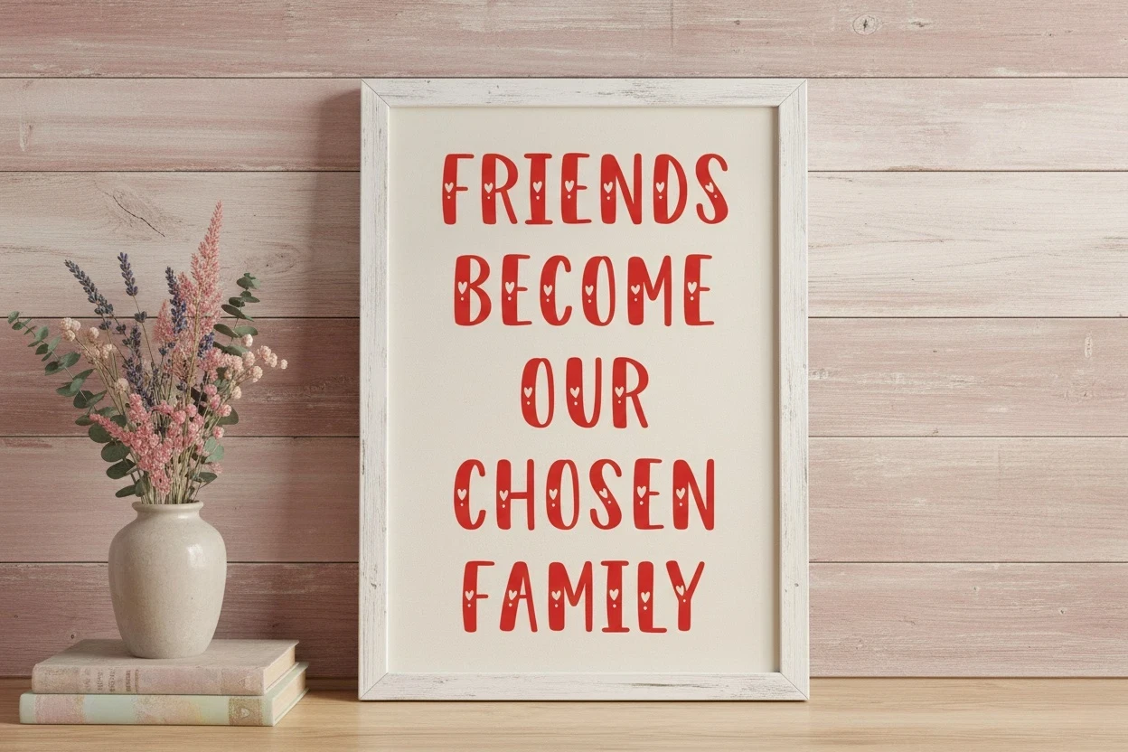 Valentine Day Font – Romantic Handwritten Script Typography 2 Framed wall art with the text 'Friends Become Our Chosen Family' in a playful red font.