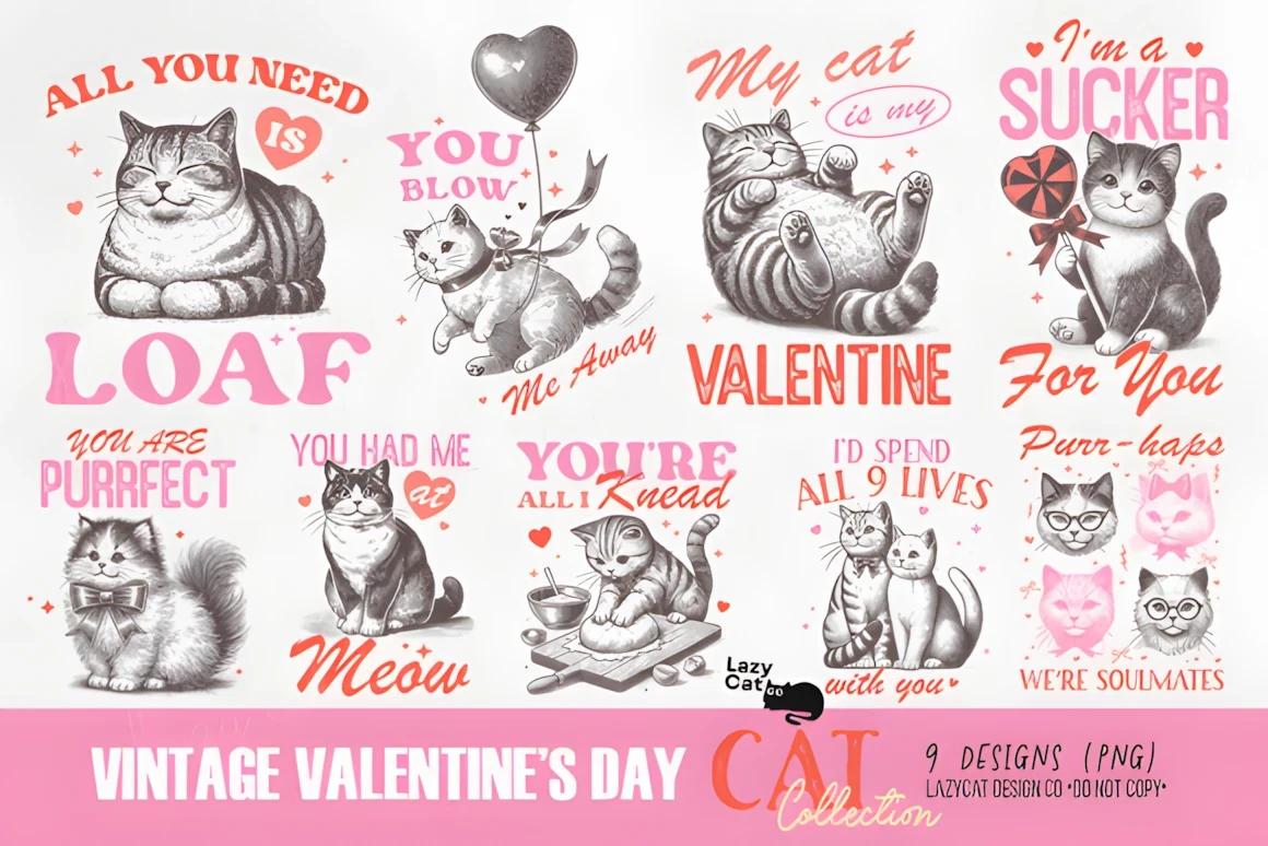 Vintage Valentine Cat PNG Bundle – Retro Clipart for Valentine Projects
