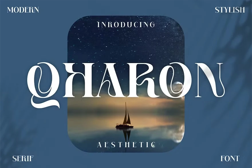 Qharon stylish serif display font preview with unique shapes for luxury branding, elegant headlines, packaging and posters