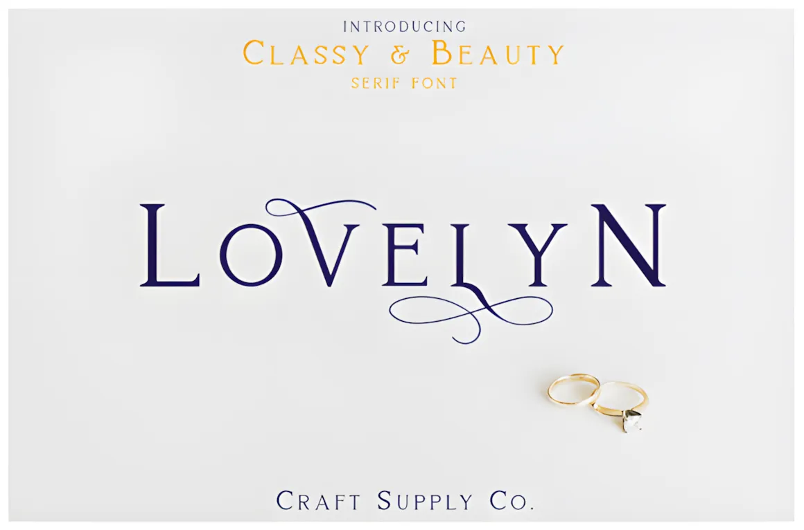 23 Best Valentine’s Day Script Fonts with Commercial License 3 Lovelyn Script font display with elegant rings, showcasing its classy and beauty design.