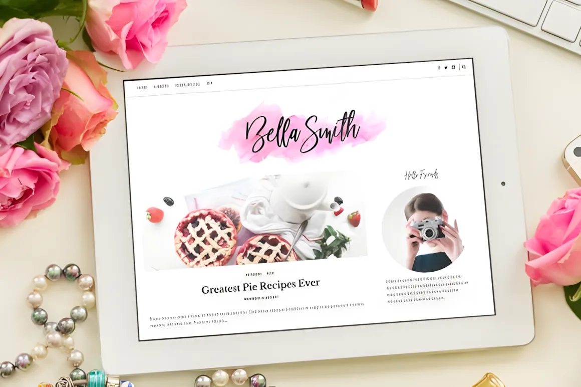 15 Best Script Fonts for Formal and Casual Branding 12 A tablet displaying a blog titled 'Bella Smith' with a pie recipe and floral decorations.