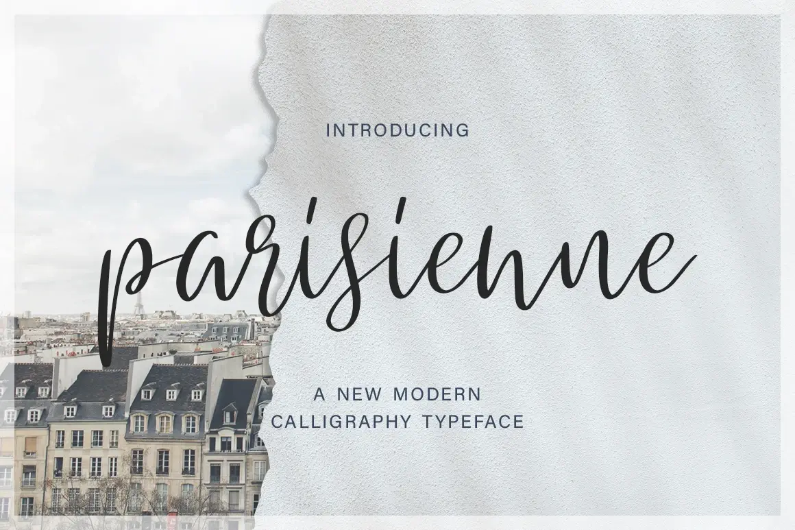 Top 9 Best Romantic Script Fonts for Valentine’s Day Cards 6 The Parisienne font displayed over a textured background with a cityscape view.
