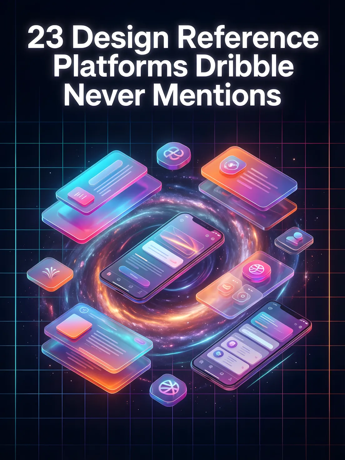 Illustration representing a curated list of 23 platforms for UI/UX design references, including user flows, landing pages, and real product interface examples.