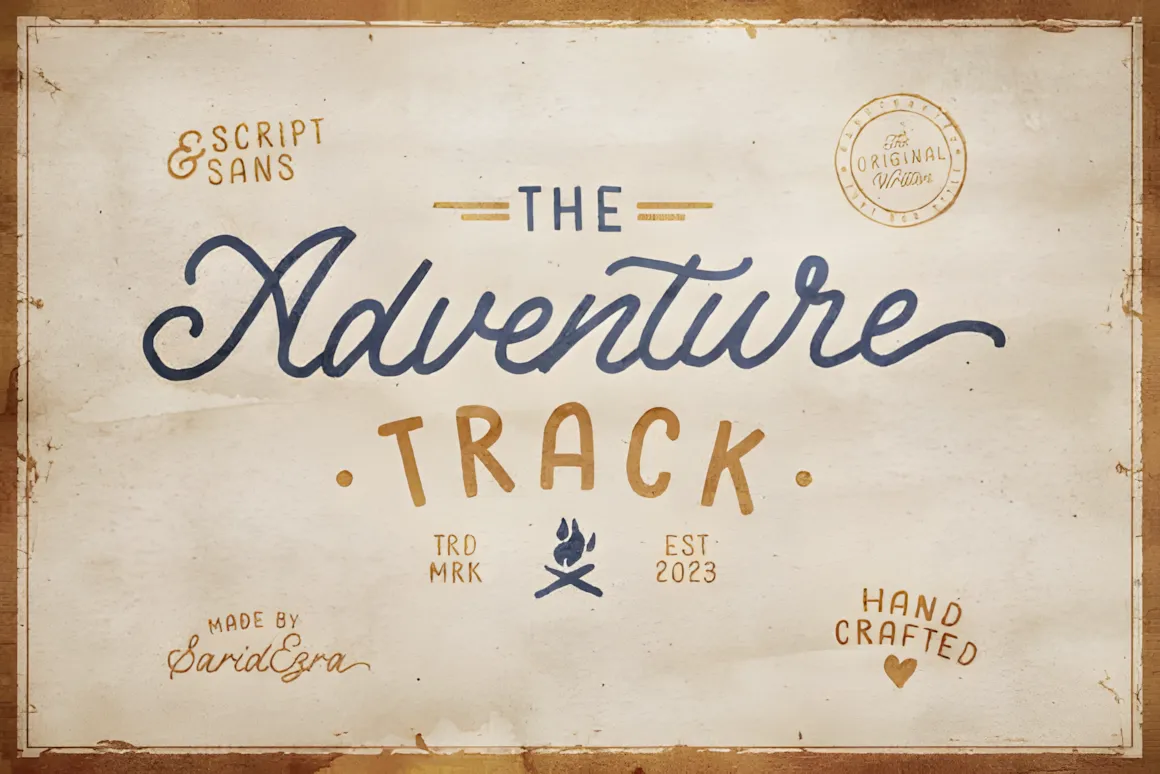 Adventure Track font duo showcasing script and sans styles with outdoor-themed elements.