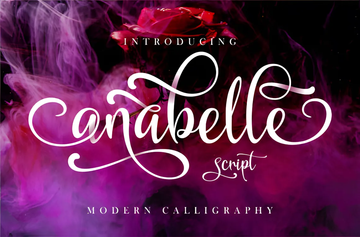 23 Best Valentine’s Day Script Fonts with Commercial License 17 Anabelle Script font showcased with a rose and colorful smoke background, highlighting its modern calligraphy style.