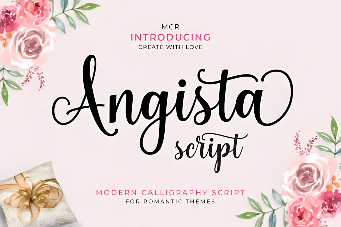 23 Best Valentine’s Day Script Fonts with Commercial License 20 Angista Script font displayed with floral decorations and a gift box, suitable for romantic themes.