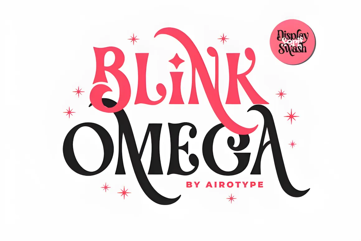 Blink Omega display serif font featuring bold decorative letterforms with swashes, retro typography style, and playful ornamental details.