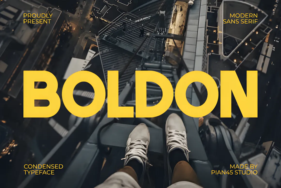 Best Sans Serif Fonts: 40 Modern Typefaces for Right Now 12 Boldon font displayed in large yellow letters against a cityscape background.