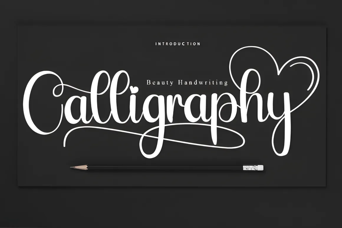 23 Best Valentine’s Day Script Fonts with Commercial License 13 Stylized calligraphy font spelling 'Calligraphy' on a black background with a pencil beside it.