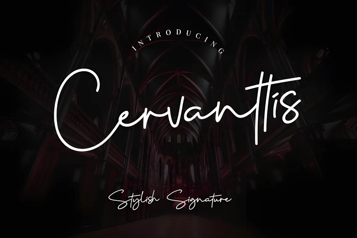 15 Best Script Fonts for Formal and Casual Branding 4 Cervanttis Script font showcased in a stylish signature design against a dark, ornate background.
