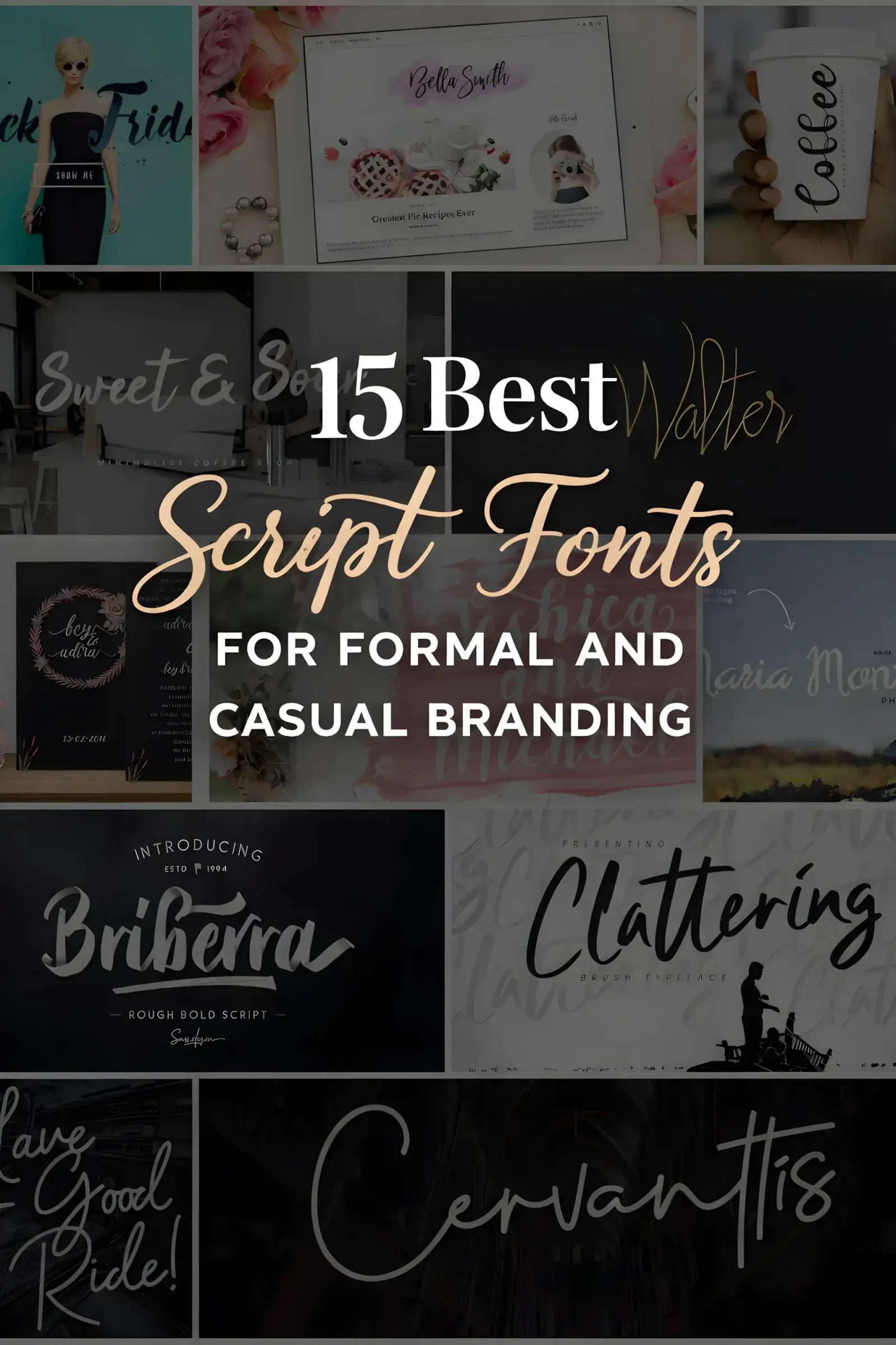 Luxury branding typography collage in bold yellow, black, white and red tones, featuring modern script and display font posters, packaging mockups, and editorial design layouts.
