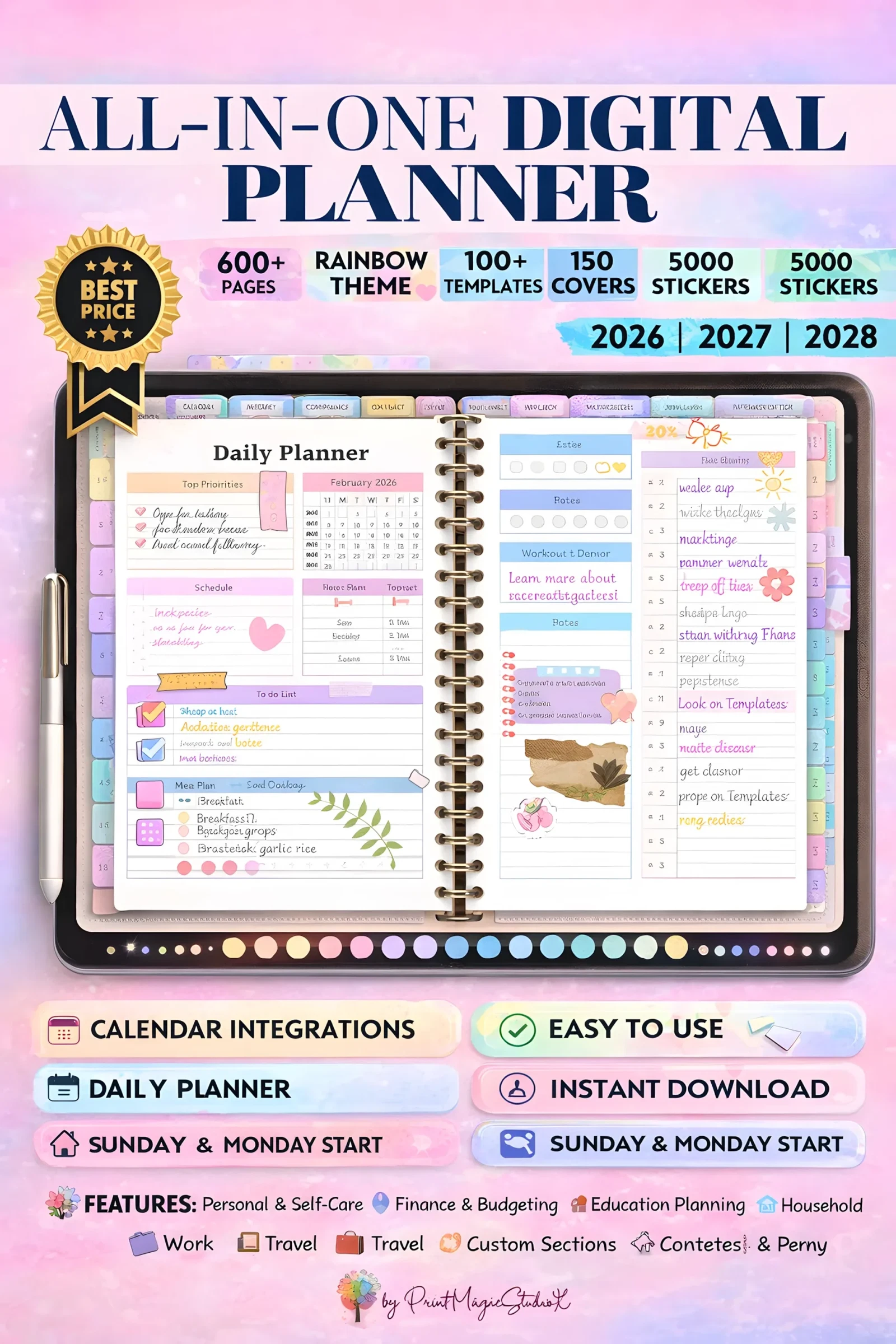Colorful digital planner showcasing daily planner layout with stickers and templates for organization.