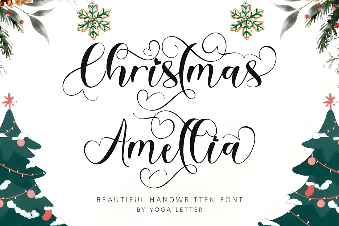 23 Best Valentine’s Day Script Fonts with Commercial License 5 Christmas Amellia handwritten font showcasing elegant script style with decorative elements.