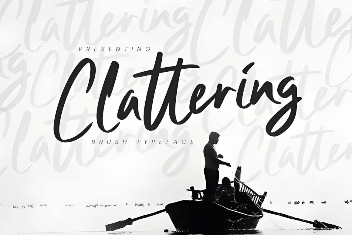 15 Best Script Fonts for Formal and Casual Branding 2 Stylized text 'Clattering' in a brush script font with a silhouette of a person in a boat.