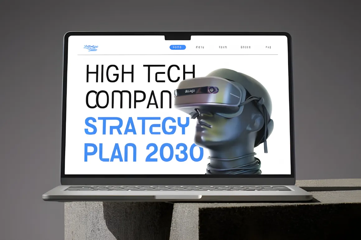 Best Sans Serif Fonts: 40 Modern Typefaces for Right Now 6 Laptop displaying a futuristic website design with bold sans serif fonts and a virtual reality headset.