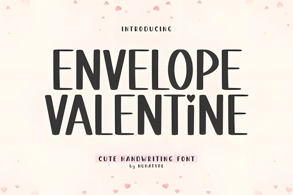 20 Best Display Sans Serif Font Styles for Designers 15 Envelope Valentine font displayed in a playful style with hearts in the background.