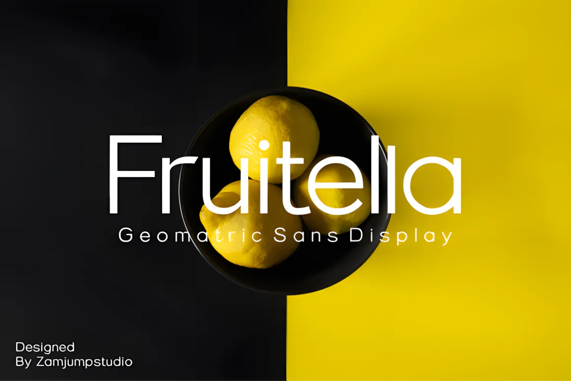 Best Sans Serif Fonts: 40 Modern Typefaces for Right Now 29 Fruitetella font displayed on a black and yellow background with lemons in a bowl.