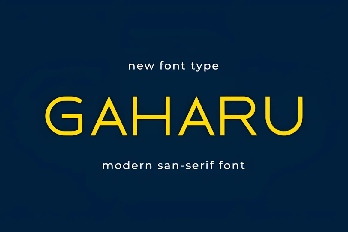 Best Sans Serif Fonts: 40 Modern Typefaces for Right Now 36 Gaharu font displayed in bold yellow letters on a dark blue background, showcasing a modern sans-serif style.