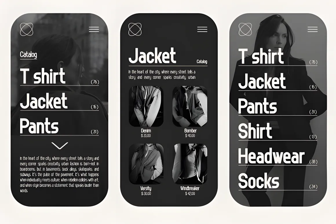 Best Sans Serif Fonts: 40 Modern Typefaces for Right Now 8 Mobile app interface displaying clothing catalog with sans serif font for T-shirt, Jacket, Pants, and more.