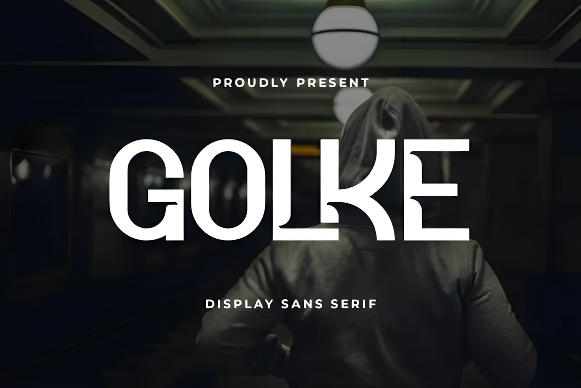 20 Best Display Sans Serif Font Styles for Designers 4 Golke Font displayed prominently with a person in a hoodie in the background, showcasing bold display sans serif typography.