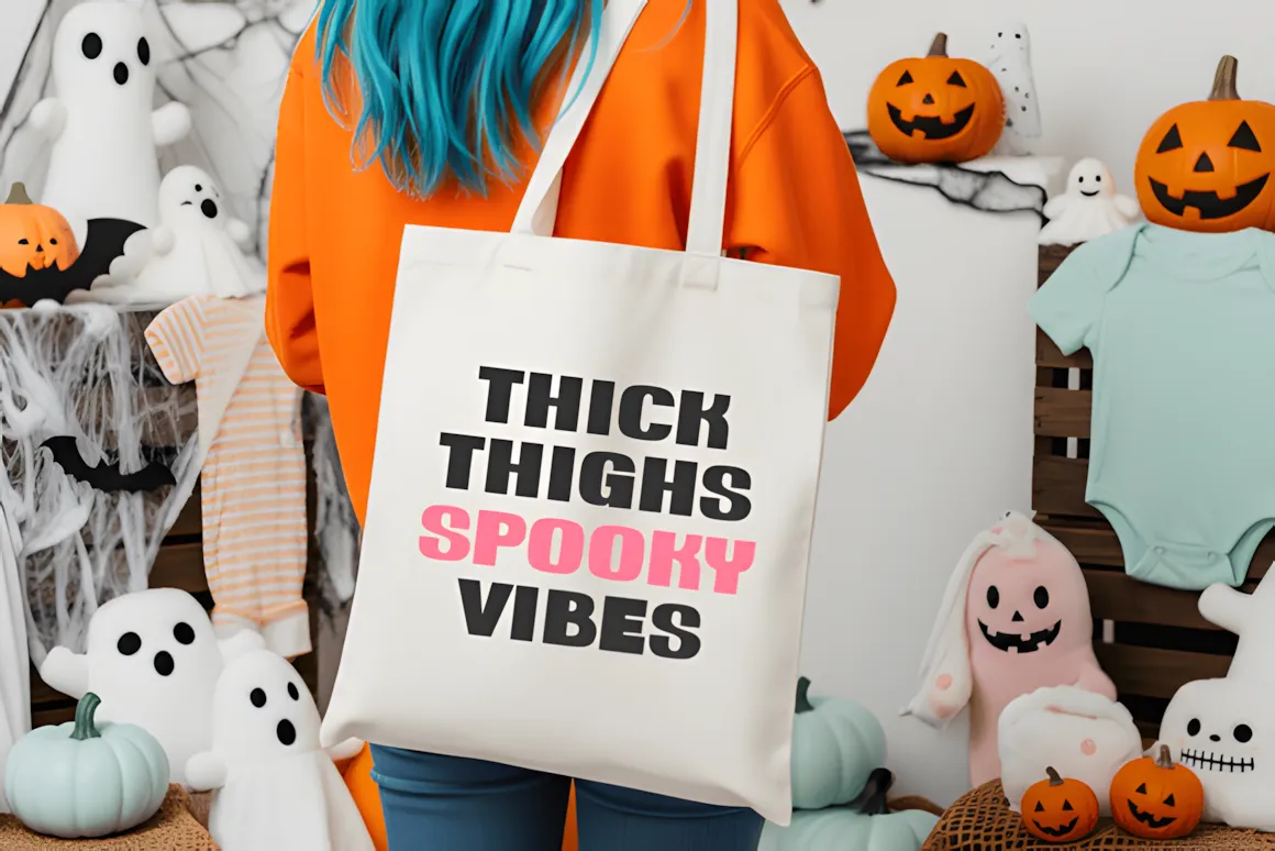 20 Best Display Sans Serif Font Styles for Designers 7 A person with blue hair holding a tote bag that says 'THICK THIGHS SPOOKY VIBES' in bold font.