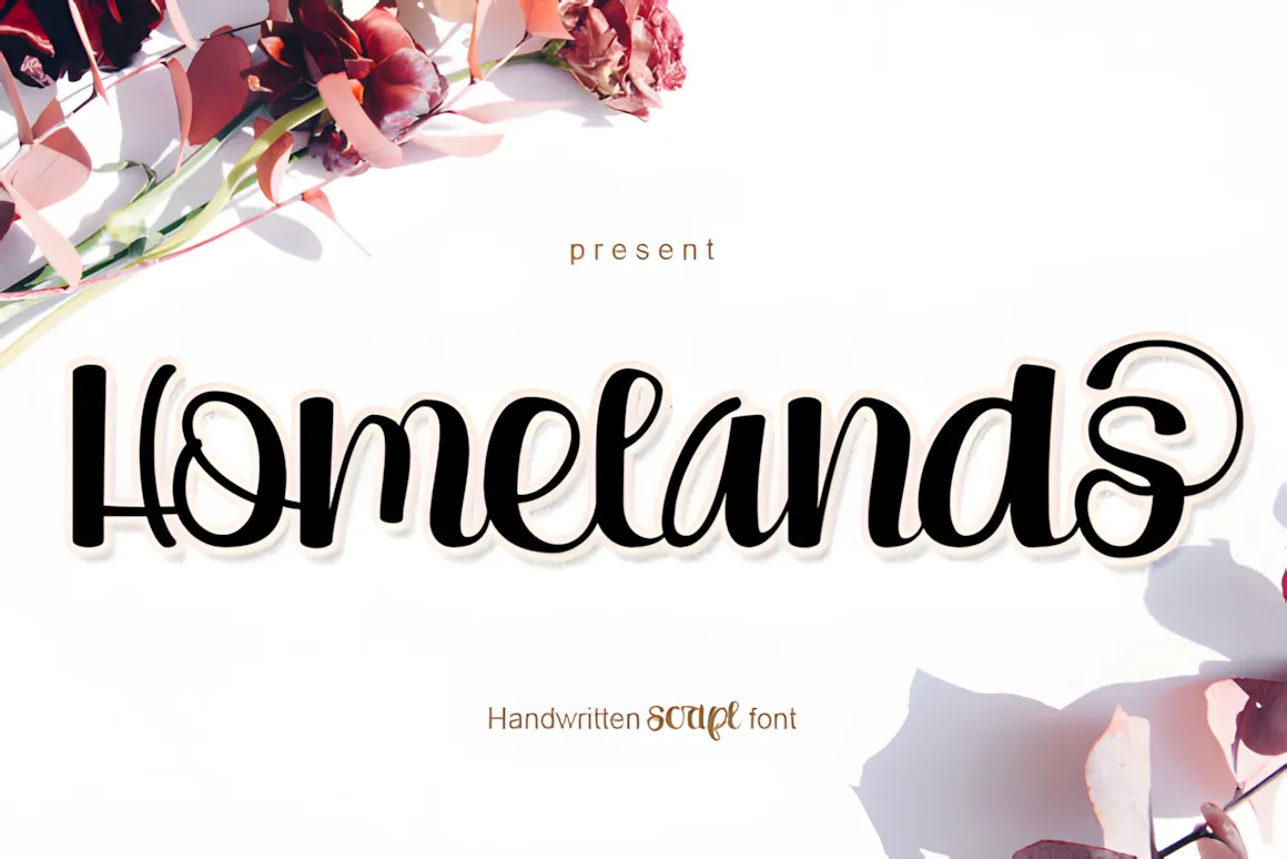 23 Best Valentine’s Day Script Fonts with Commercial License 16 Homelands handwritten script font displayed with floral elements.