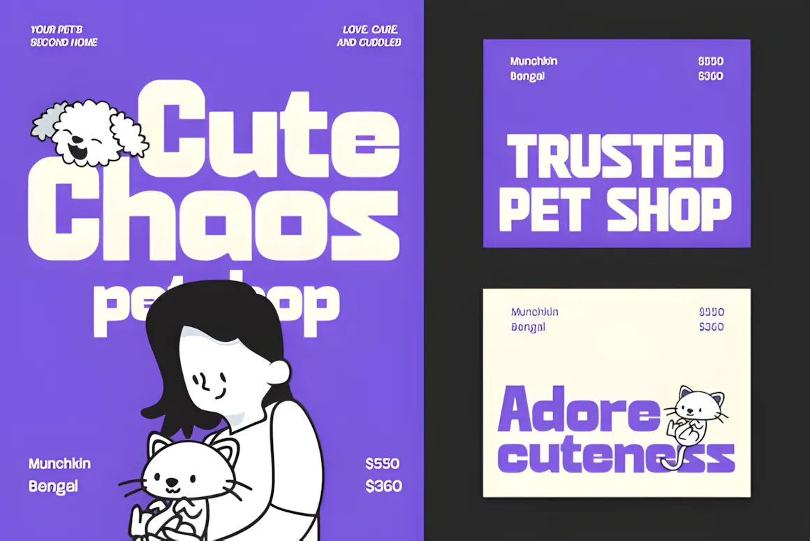 20 Best Display Sans Serif Font Styles for Designers 6 Colorful pet shop promotional poster featuring bold display sans serif fonts and illustrations of pets.