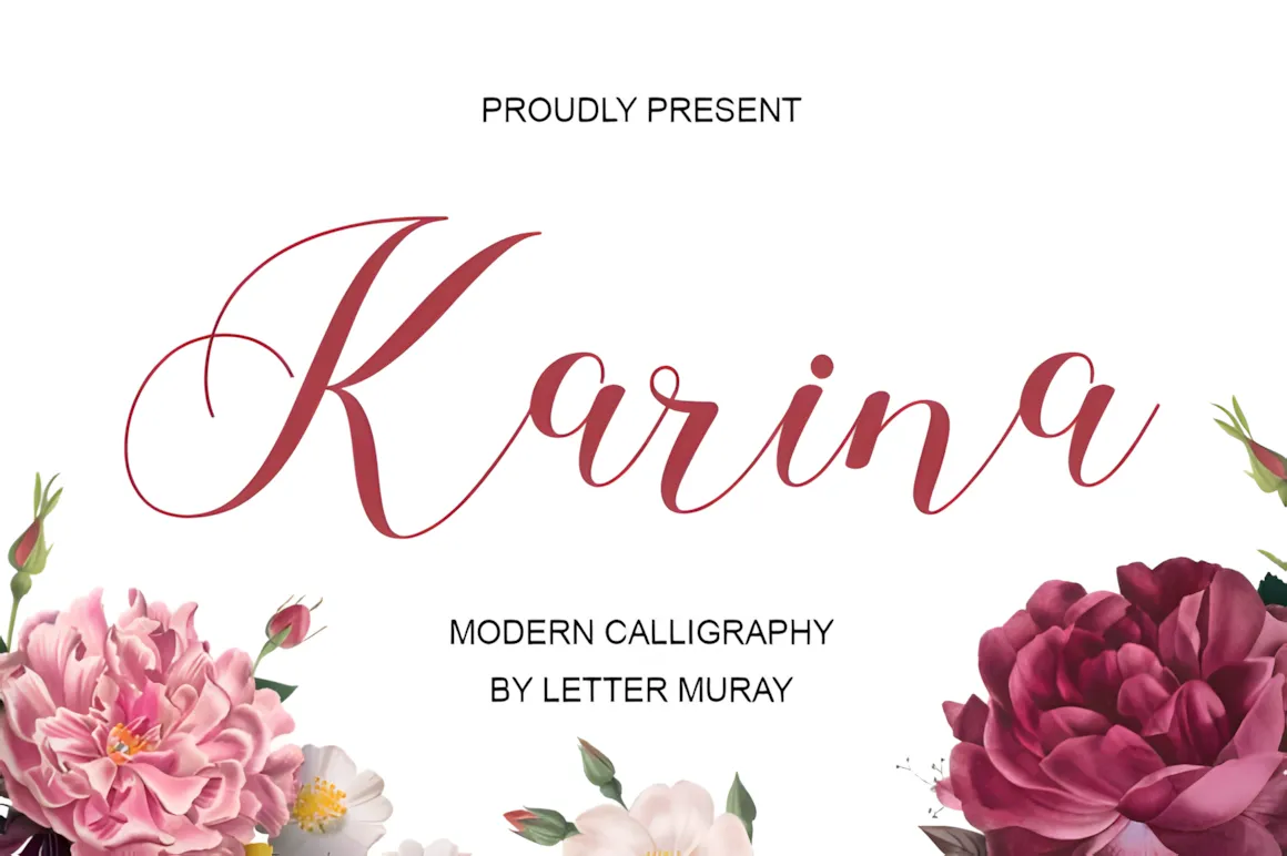 23 Best Valentine’s Day Script Fonts with Commercial License 8 Karina script font displayed with floral decorations.