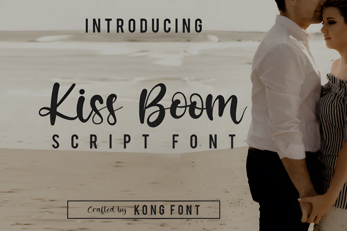 23 Best Valentine’s Day Script Fonts with Commercial License 11 Kiss Boom Script Font showcased with a couple on the beach, emphasizing a romantic theme.