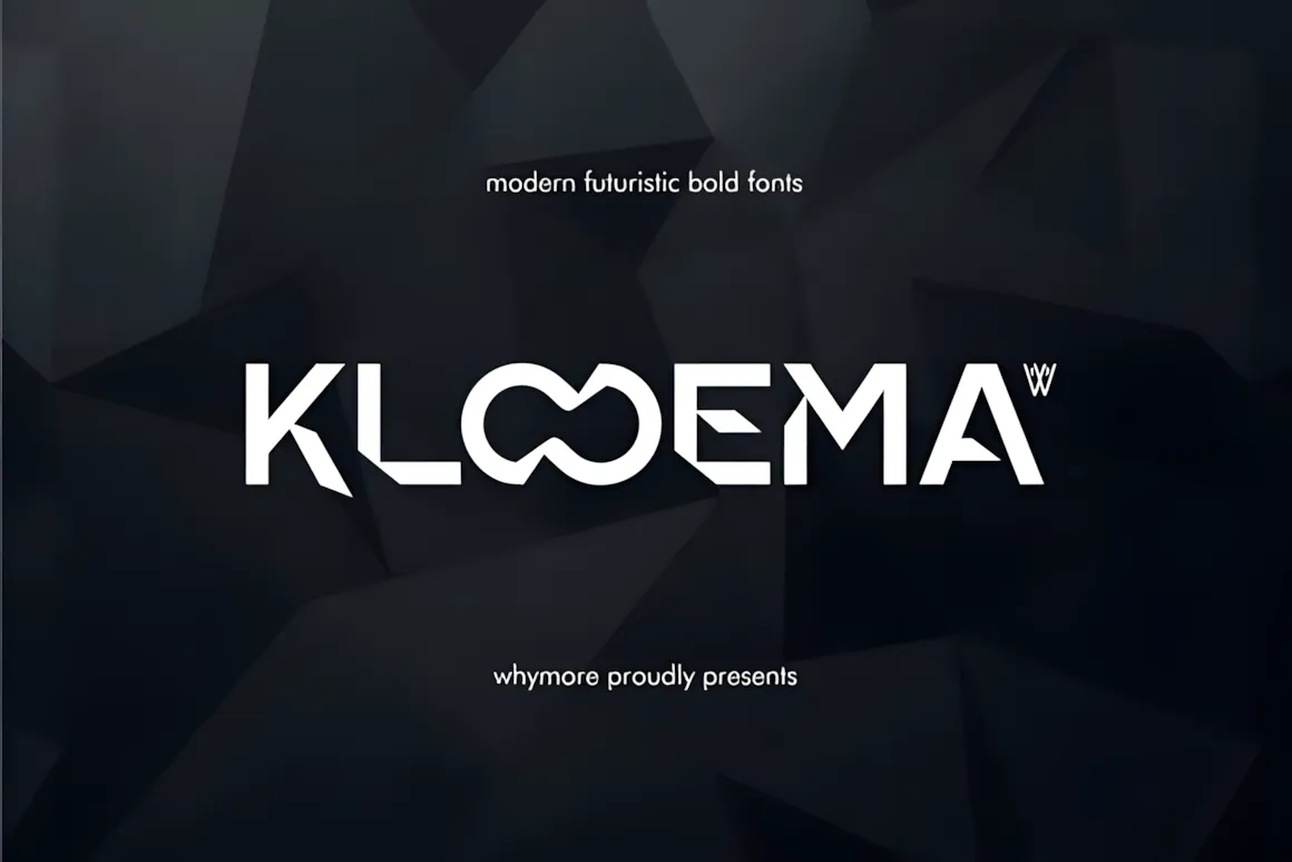 Best Sans Serif Fonts: 40 Modern Typefaces for Right Now 13 Kloema font displayed in a modern, bold style on a dark geometric background.