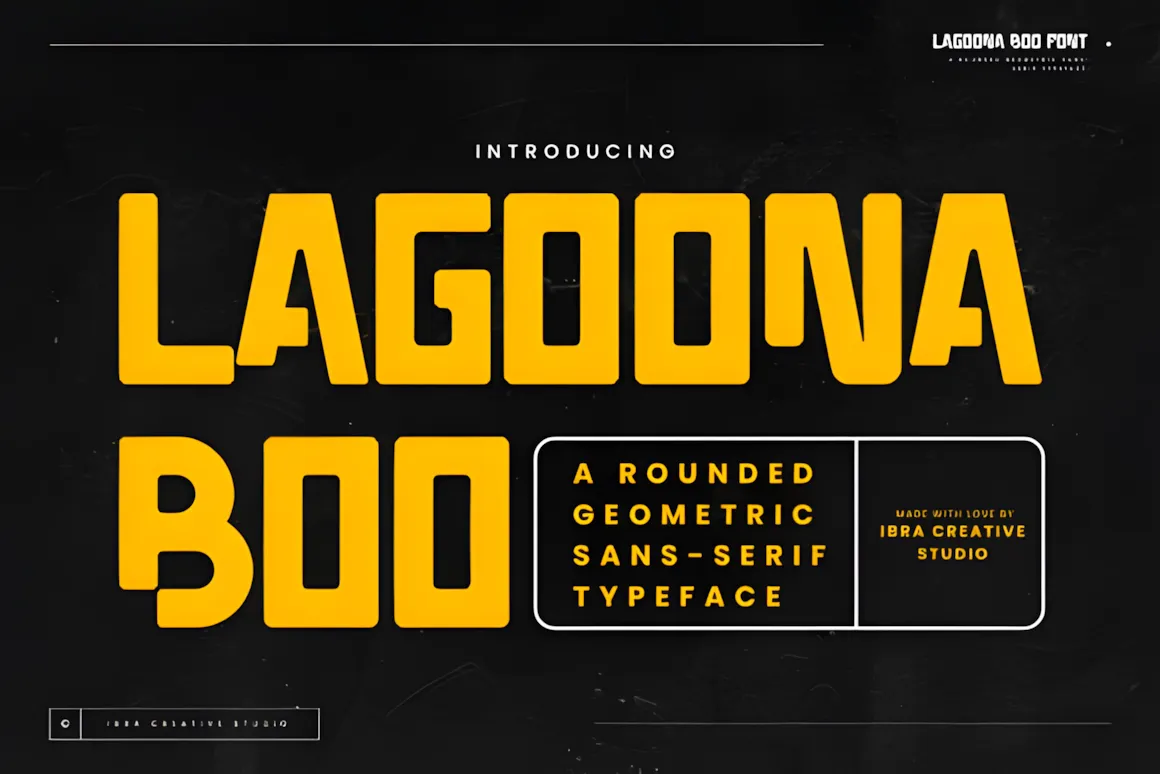 Best Sans Serif Fonts: 40 Modern Typefaces for Right Now 28 Lagoona Boo font displayed in bold yellow letters on a black background, showcasing its geometric sans-serif style.
