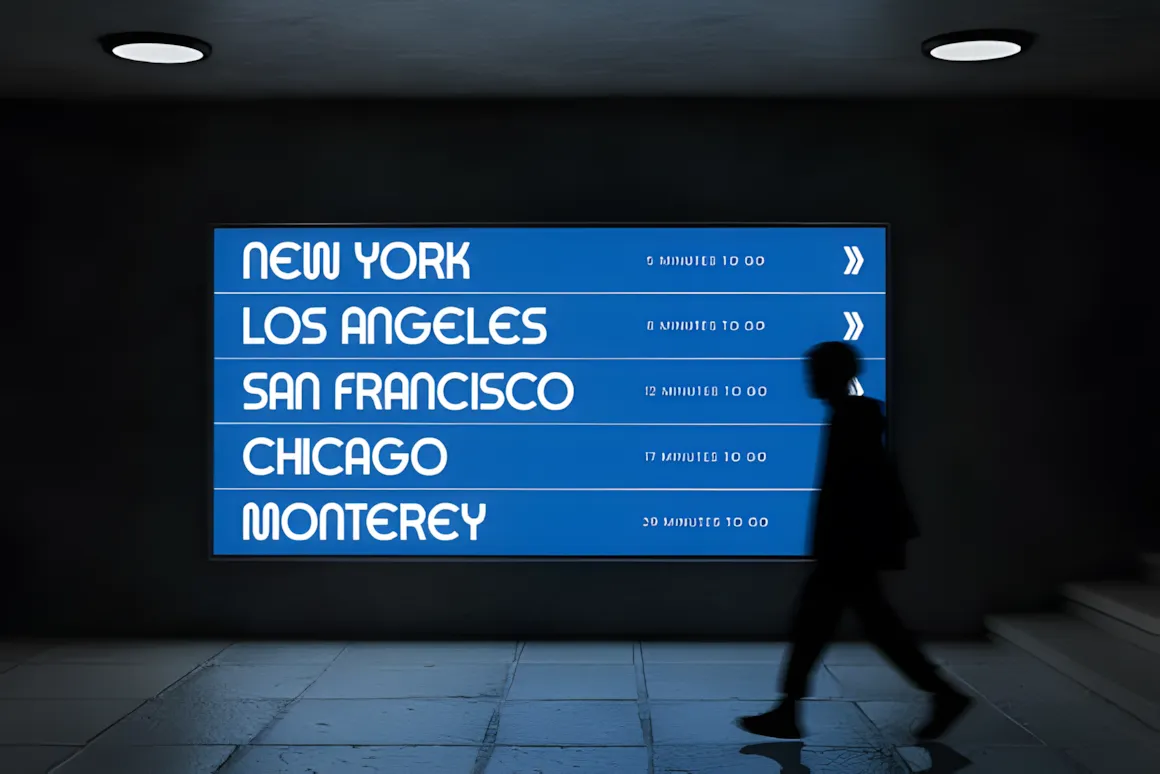 Best Sans Serif Fonts: 40 Modern Typefaces for Right Now 9 Digital display showing travel times to various cities including New York, Los Angeles, and San Francisco.