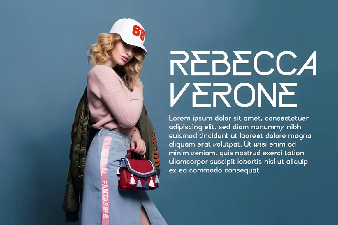 20 Best Display Sans Serif Font Styles for Designers 5 Model wearing a stylish outfit with a cap, showcasing modern display sans serif typography for branding.