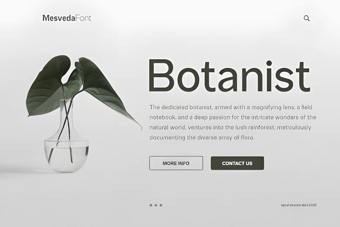 Best Sans Serif Fonts: 40 Modern Typefaces for Right Now 2 Sample of Mesveda Font used in a botanical-themed design with a plant and text layout.