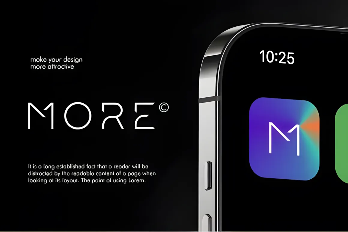 Best Sans Serif Fonts: 40 Modern Typefaces for Right Now 23 Stylish design featuring the word 'MORE' and a colorful app icon on a smartphone screen.