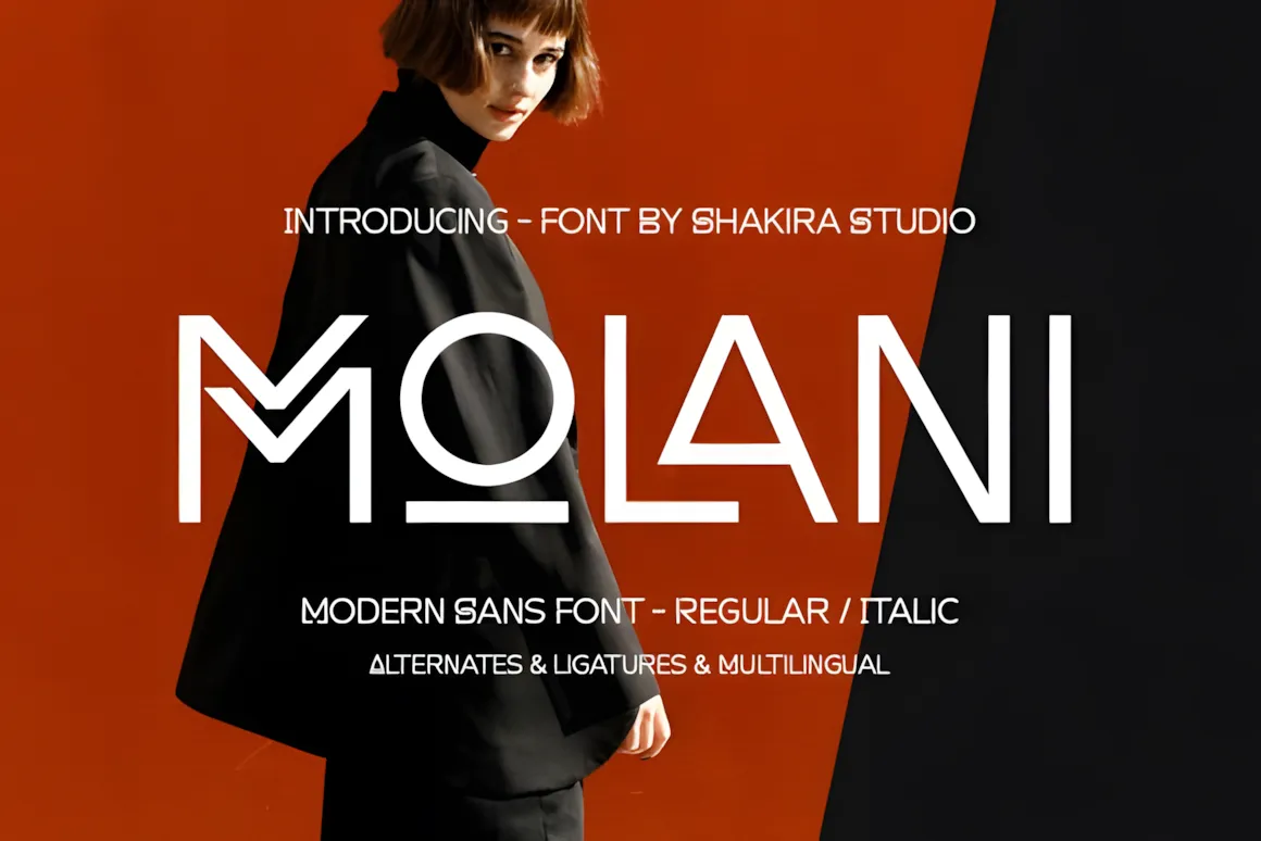 20 Best Display Sans Serif Font Styles for Designers 12 Molani font showcased in a modern design with a model against a bold background.