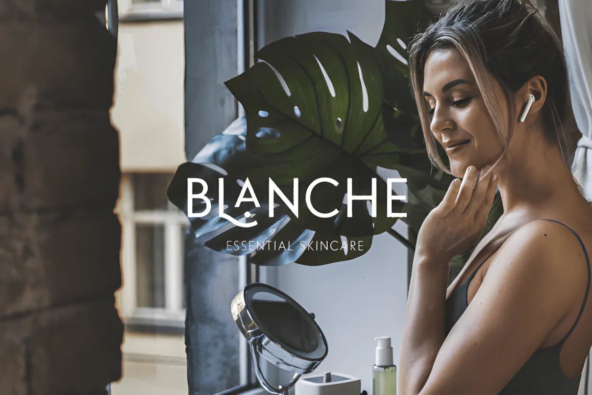Best Sans Serif Fonts: 40 Modern Typefaces for Right Now 30 A woman with earbuds touching her face, with skincare products and plants in the background.