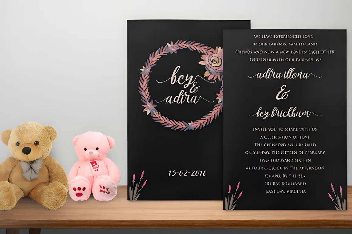 15 Best Script Fonts for Formal and Casual Branding 11 Elegant wedding invitation with floral design and script font, featuring names and event details.