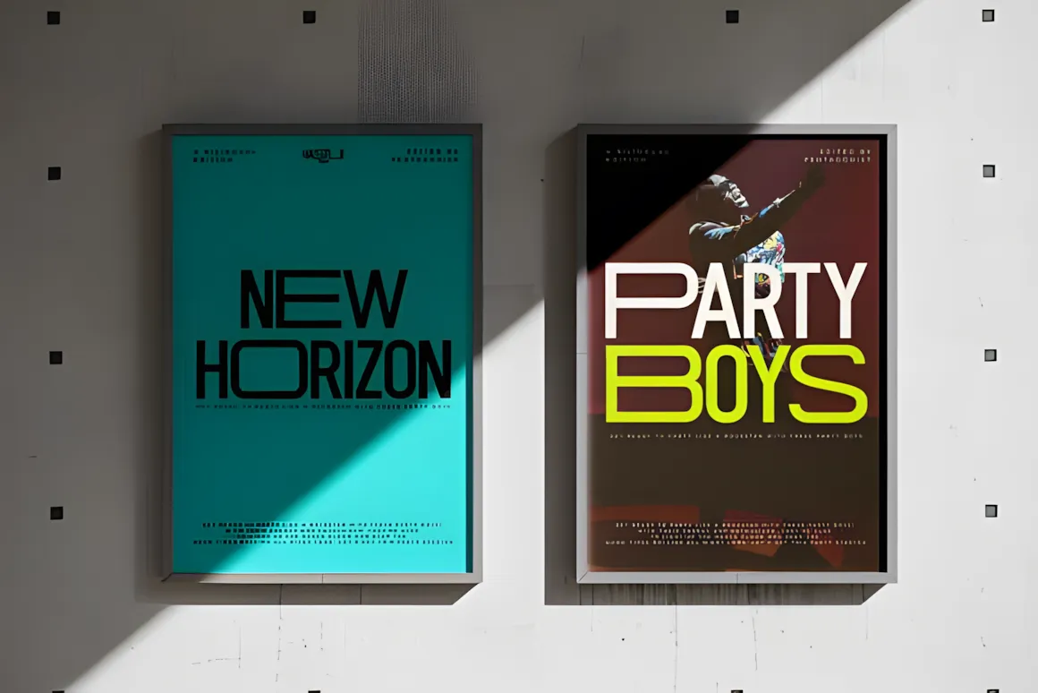 20 Best Display Sans Serif Font Styles for Designers 21 Two framed posters featuring modern display sans serif fonts: 'New Horizon' and 'Party Boys'.