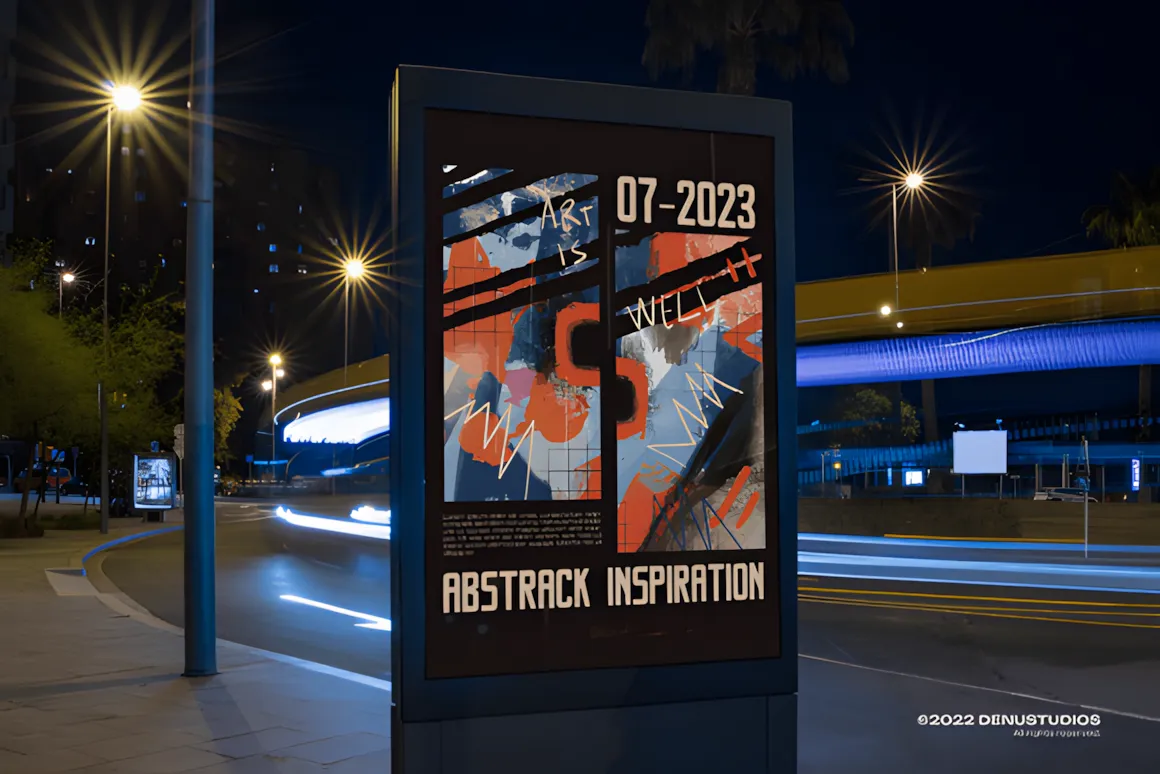 20 Best Display Sans Serif Font Styles for Designers 8 Modern display sans serif typography on a street poster featuring abstract art and vibrant colors.